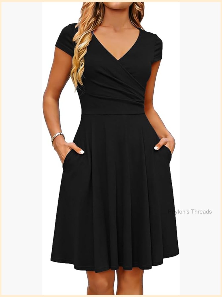 V Neck Midi Dress With Pockets Flowy A-Line Wrap Style